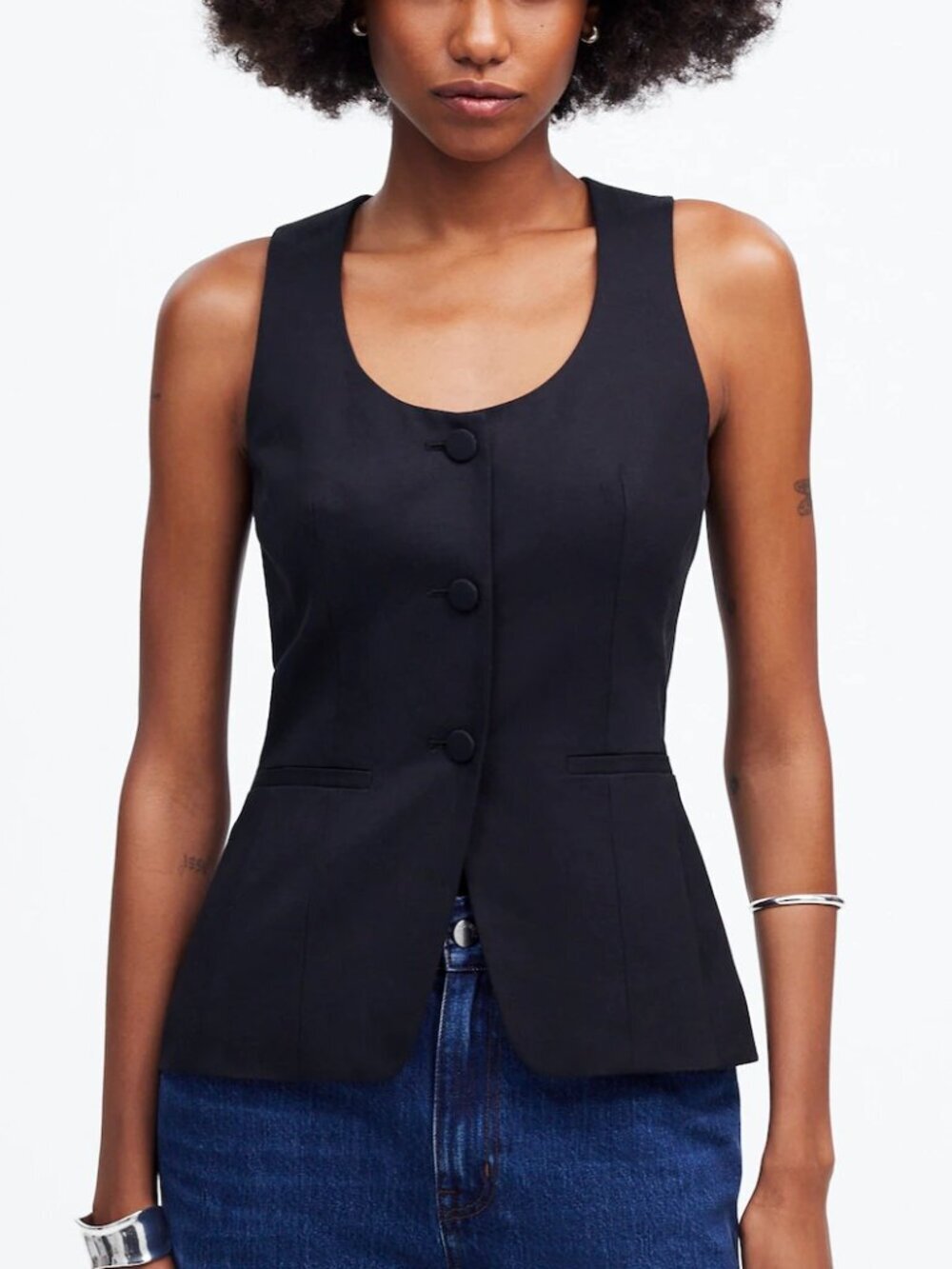 Madewell Scoopneck Cutaway Welt Pockets Vest Drapey Twill Black Size 4/S NWT